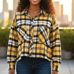 CI SONO | Yellow Plaid Wide Flannel Cropped Top